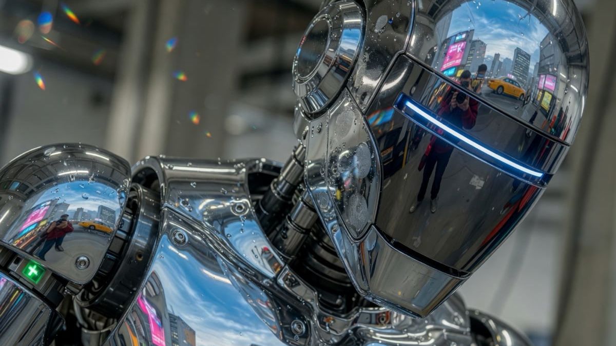 Official product still: chrome humanoid reflecting a city street in a hangar