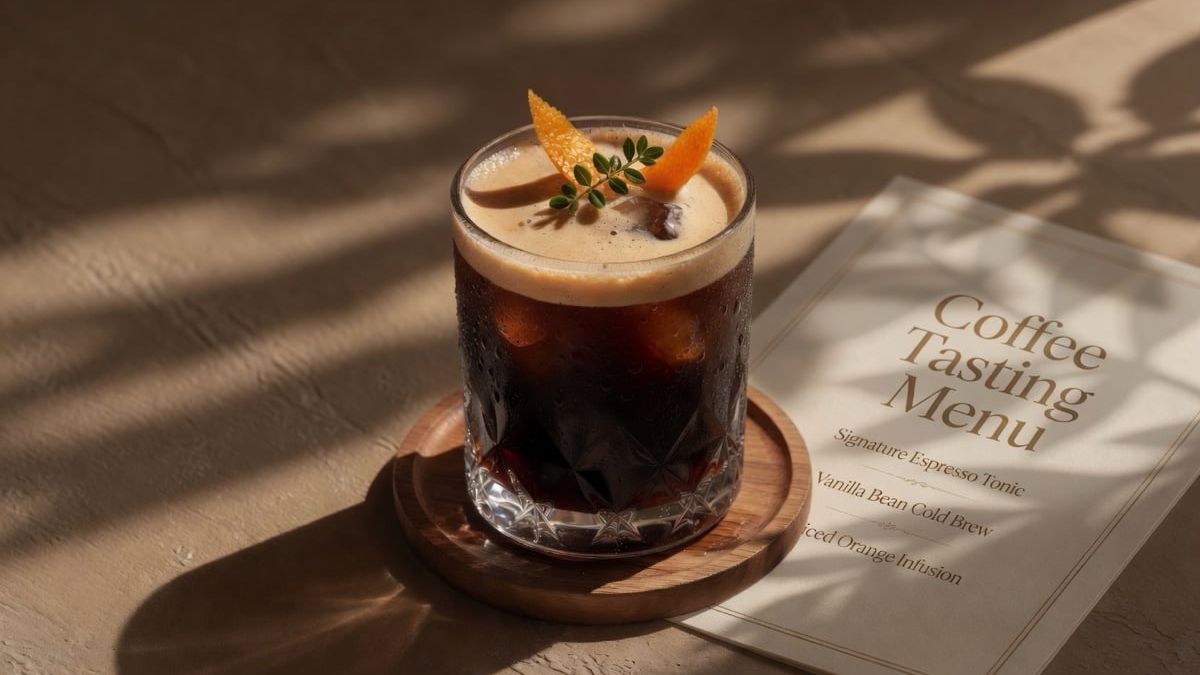 Official product still: espresso tonic and a tasting card in hard sun