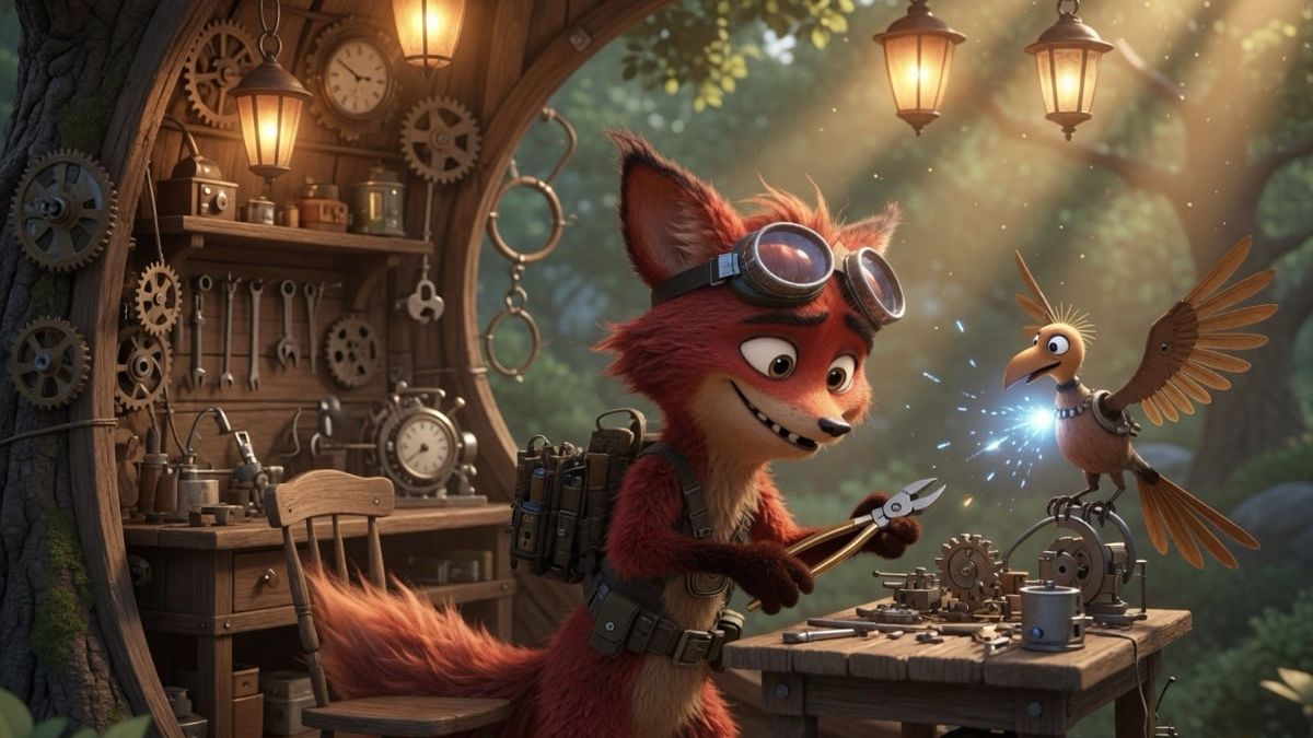 Official product still: a fox at a tree-workshop bench sparking a mechanical bird