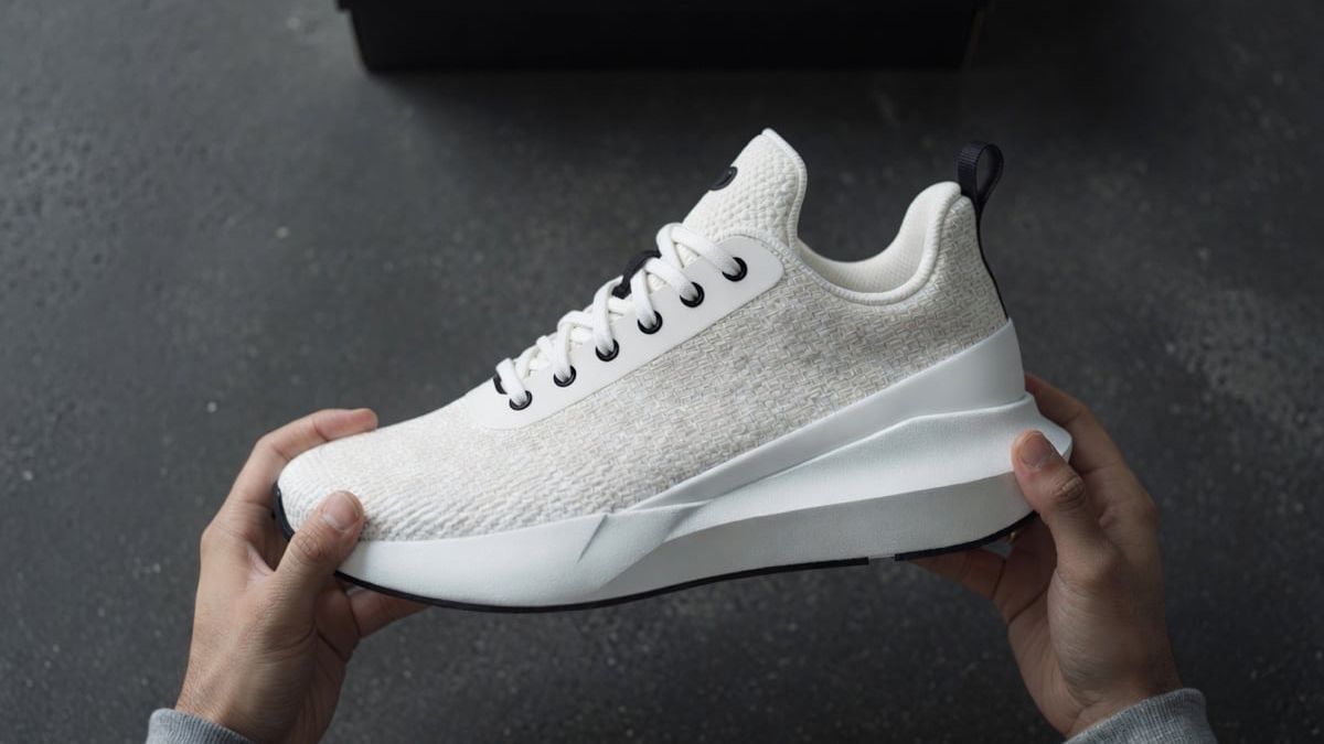 Official product still: knit sneaker held over charcoal stone with the box behind