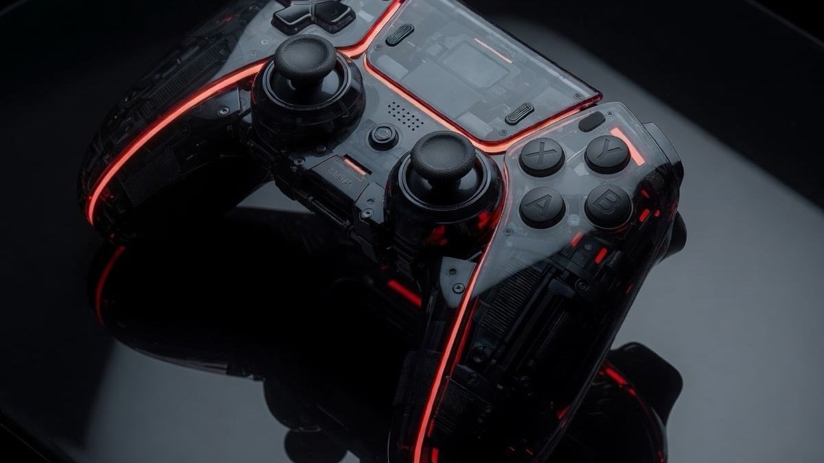 Official product still: smoked controller with red interior light on black glass